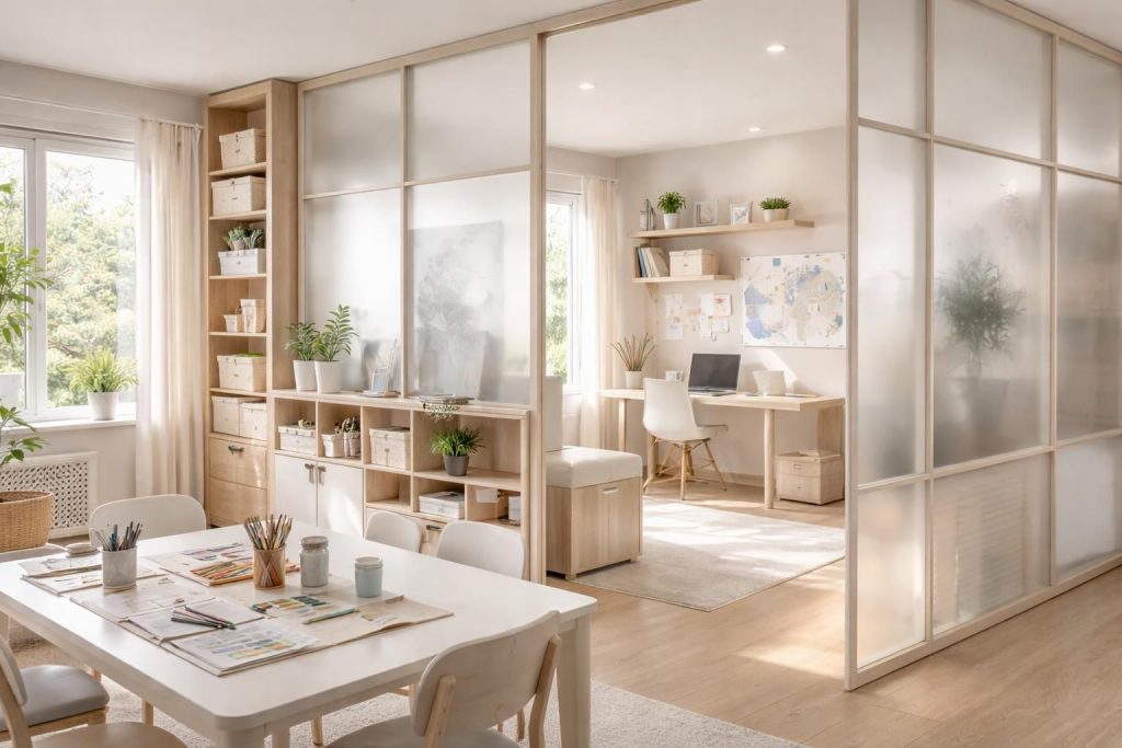 Aménager un espace de cours et atelier à domicile avec cloisons modulables et rangements intelligents